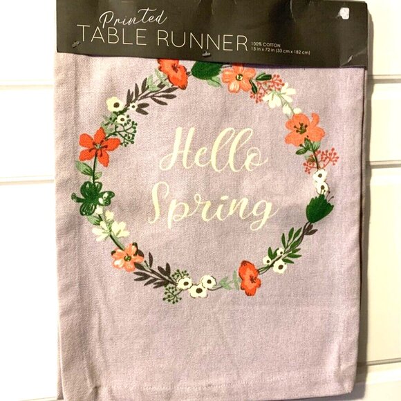 Hello Spring Table Runner Coral Flower Wreath on Lavendar Easter 13" x 72" - Picture 1 of 4